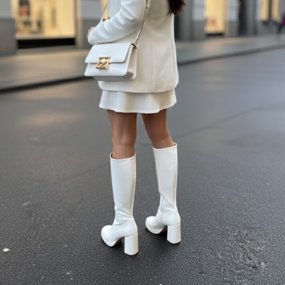 White Knee-High Platform Boots | Block Heel Retro 60s 70s Mod Go-Go Style - Picture 4 of 5